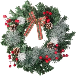 Kalėdinis vainikas su kankorėžiais, raudonomis uogomis ir languotu kaspinu, 30 cm