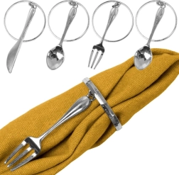 Metalinių servetėlių žiedų rinkinys su sidabriniais stalo įrankiais, 4 cm, 4 vnt.