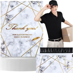 Kurjeriniai folipakai 380 × 520 mm, auksinis marmuras su užrašu Thank You, 50 vnt.