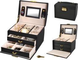 Satininė papuošalų dėžutė su raktu ir veidrodėliu – juoda