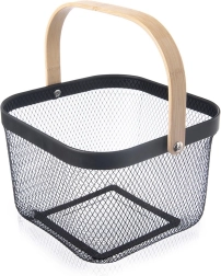 Metal black storage basket with bamboo handle RADKA 27 × 24.5 × 17.5 cm