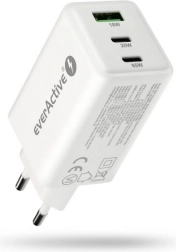 EverActive GaN 65W wall charger with USB and 2× USB‑C PD PPS QC4+, white