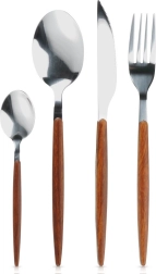 16 dalių nerūdijančio plieno stalo įrankių rinkinys su medžio imitacijos rankenėlėmis