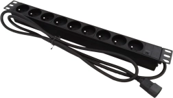 19" rack maitinimo juosta 9× CEE 7/5 su C14 kištuku, skirta rack spintai