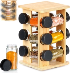 Pasukamas bambukinis prieskonių stovas su stikliniais indeliais, 13 dalių