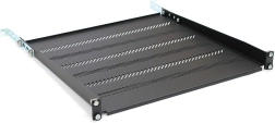 19" racko lentyna 1U, 483 × 450 mm, juoda, perforuota su reguliuojamu tvirtinimu ir atrama