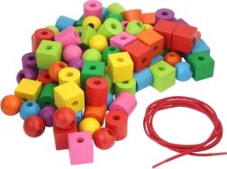 Spalvotos medinės maxi karoliukai su veriama virvele, 92 vnt.