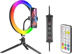Apvalus RGB LED šviestuvas 26 cm su stovu ir telefono laikikliu