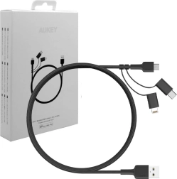 Aukey 3 viename įkrovimo kabelis USB-A į Lightning, USB‑C ir micro USB, 1,2 m, juodas nailonas