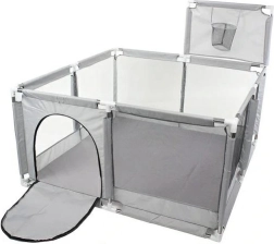 Vaikų maniežas 130 × 130 cm su sausuoju baseinu ir krepšiu – pilkas