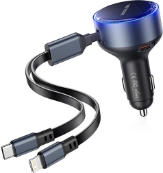 Vention car charger with USB-C port and integrated USB‑C/Lightning cables 60 W