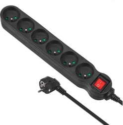 Prailginimo laidas su apsauga nuo viršįtampių, 6 lizdai, 2300 W, 5 m, juodas