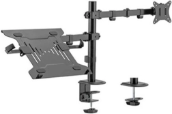 Adjustable desk mount with monitor arm and laptop tray