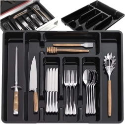 Plastinis išplečiamas virtuvinės stalčiaus stalo įrankių organizatorius