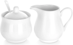 Porcelain sugar bowl and creamer, white, 3-piece set