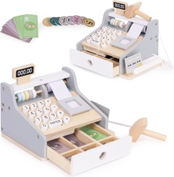 Wooden cash register for kids with scanner, coins and payment card ECOTOYS