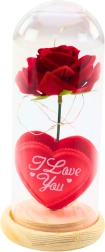 Amžinoji rožė stiklinėje kupoloje su LED apšvietimu, raudona, su širdute