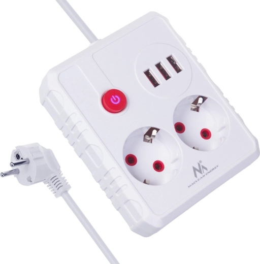 Prailginimo lizdų juosta su apsauga nuo viršįtampių: 2 lizdai ir 3× USB, 2500 W, 1,5 m, balta