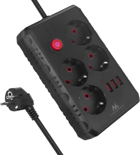 MACLEAN MCE393 surge-protected power strip, 4 outlets and 3× USB, 3 m, black