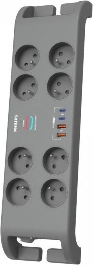 Surge-protected extension cord 2 m, 8 outlets, 2× USB‑C and 2× USB‑A, 30 W GaN, 2400 J – PHILIPS