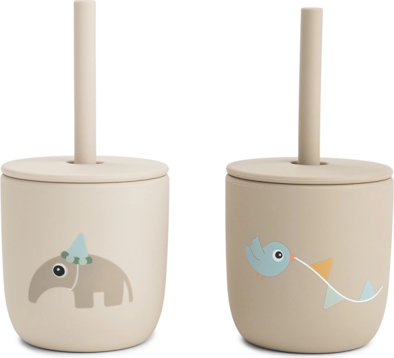 Done by Deer Celebration silicone sippy cups with straw, sand, 2 pcs