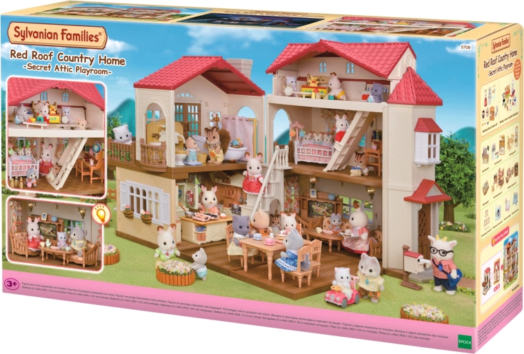 Sylvanian Families two-storey house with red roof and lights