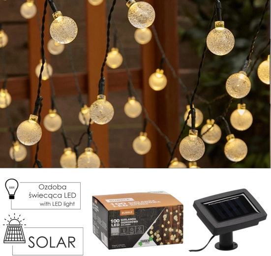 Saulės energija maitinama sodo šviesų girlianda BUBBLE 100 LED, šiltai balta, 11,9 m