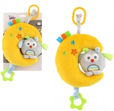 Mėnulis su pelėda – pliušinis pakabinamas žaislas lovytei/vežimėliui, prisukamas muzikinis mechanizmas, 24 cm, ant kartono pakuotėje maišelyje, 0+