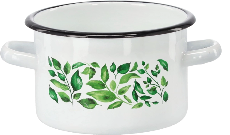 Enamel pot 2 l, 16 cm, white with ficus motif