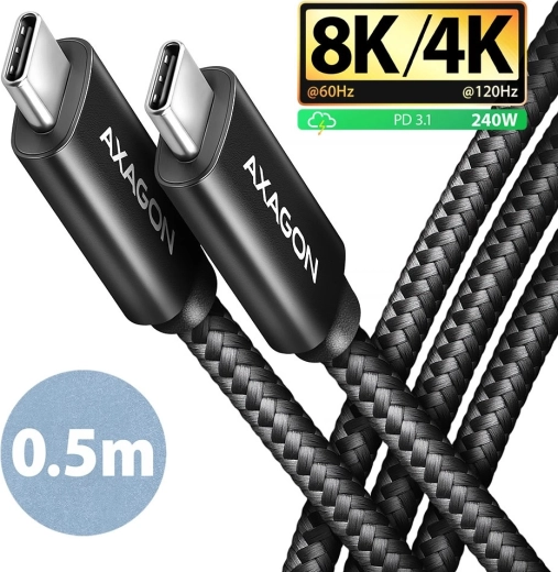 Axagon USB-C į USB-C kabelis 0,5 m USB4 40 Gb/s, PD 240 W, 8K, aliumininiai antgaliai, pintas