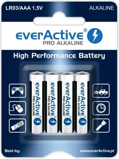 Šarminės baterijos AAA (LR03) Everactive Pro Alkaline, lizdinė pakuotė 4 vnt.