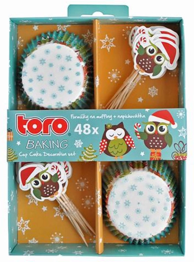 Paper muffin cups with picks TORO – Christmas owls, 24 pcs