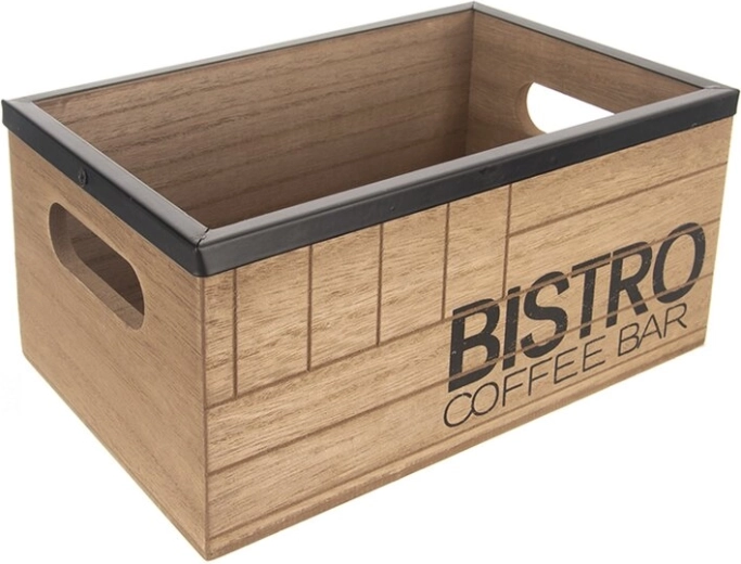 Medinė dėžutė „Bistro coffee bar“ su metaliniu apvadu 20 × 13 × 8,8 cm