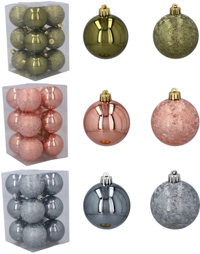 Set of plastic Christmas ornaments 6 cm – olive, copper and graphite, 12 pcs