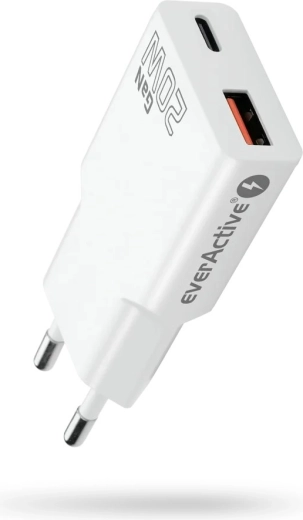 Tinklo įkroviklis everActive GaN Super Slim 20 W su USB‑C PD ir USB‑A QC 3.0