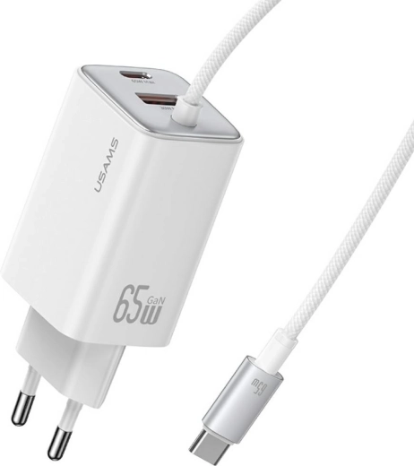 Usams JC serijos 65 W GaN tinklo įkroviklis su integruotu USB‑C kabeliu (2× USB‑C, 1× USB‑A), baltas