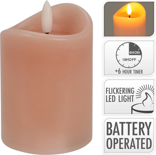 LED žvakė su mirgančia liepsna ir laikmačiu, rožinė 7 × 10 cm