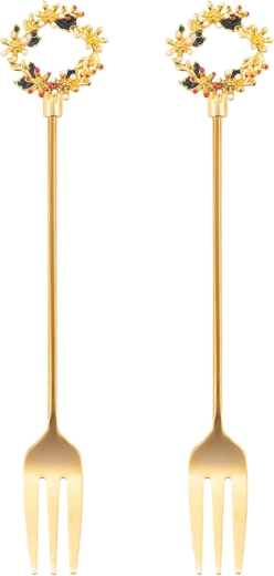 Set of 2 dessert forks with a decorated tip shaped like a Christmas wreath, gold