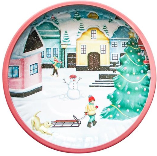 Christmas round metal tray Village 26 cm