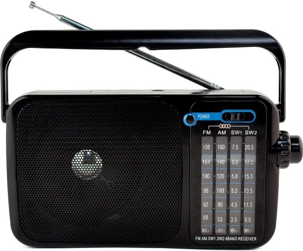Portable AM/FM radio with mains and battery power and AUX