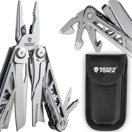 Renew Force 17-in-1 multitool made of 440A stainless steel with a self-locking safety lock and a nylon sheath