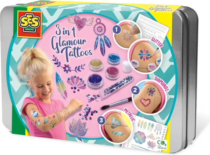 Tatuiruočių rinkinys 3 viename su blizgučiais SES Creative