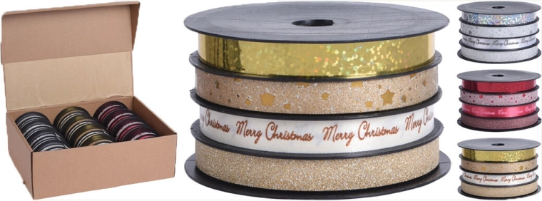 Glitter gift-wrapping ribbon 4 m × 1 cm, silver/gold/red mix (4 pcs)