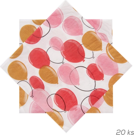 Popierinės servetėlės su rožinių balionų motyvu 33 × 33 cm, 20 vnt.