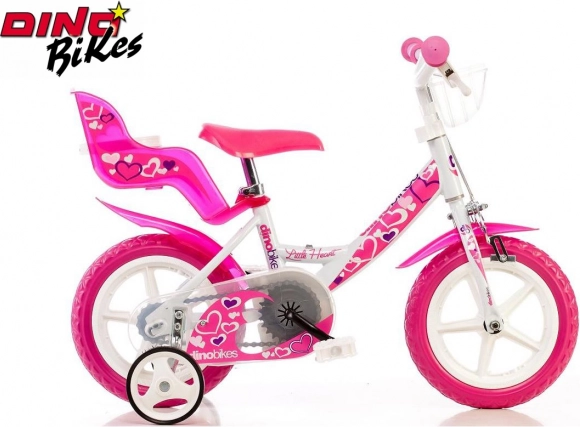 Dino Bikes Little Heart vaikiškas dviratis 12" baltai rožinis su balansiniais ratukais