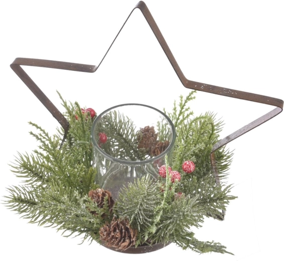 Star candle holder made of glass and metal with berry decoration 20 × 20 × 22 cm