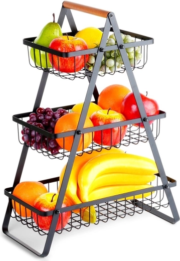 Three-tier metal fruit basket with wooden handle, black