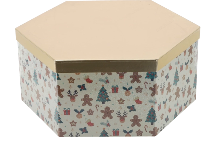 Kalėdinė dovanų dėžutė šešiakampė su auksiniu dangteliu 33 × 28,5 × 12 cm – 1 vnt.