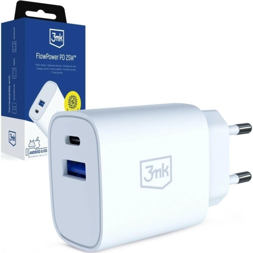3mk FlowPower 25 W wall charger USB‑C/USB‑A white