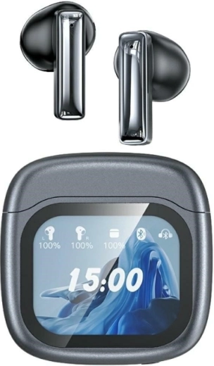 Belaidės ausinės AWEI TP100 Bluetooth 5.4 TWS su ENC ir LCD ekranu – juodos